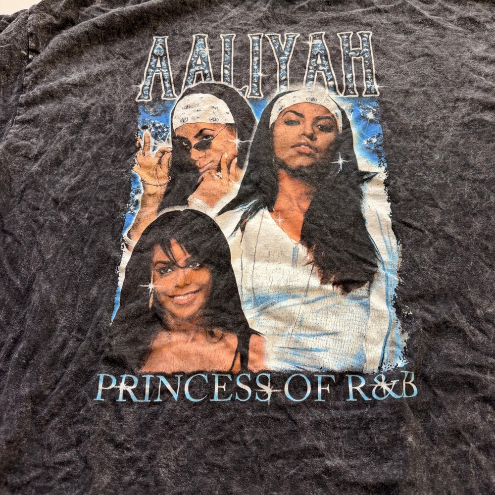 Aaliyah Men Princess of R&B Graphic T-Shirt XL Black Acid Wash Tee Hip Hop Retro - Picture 3 of 6